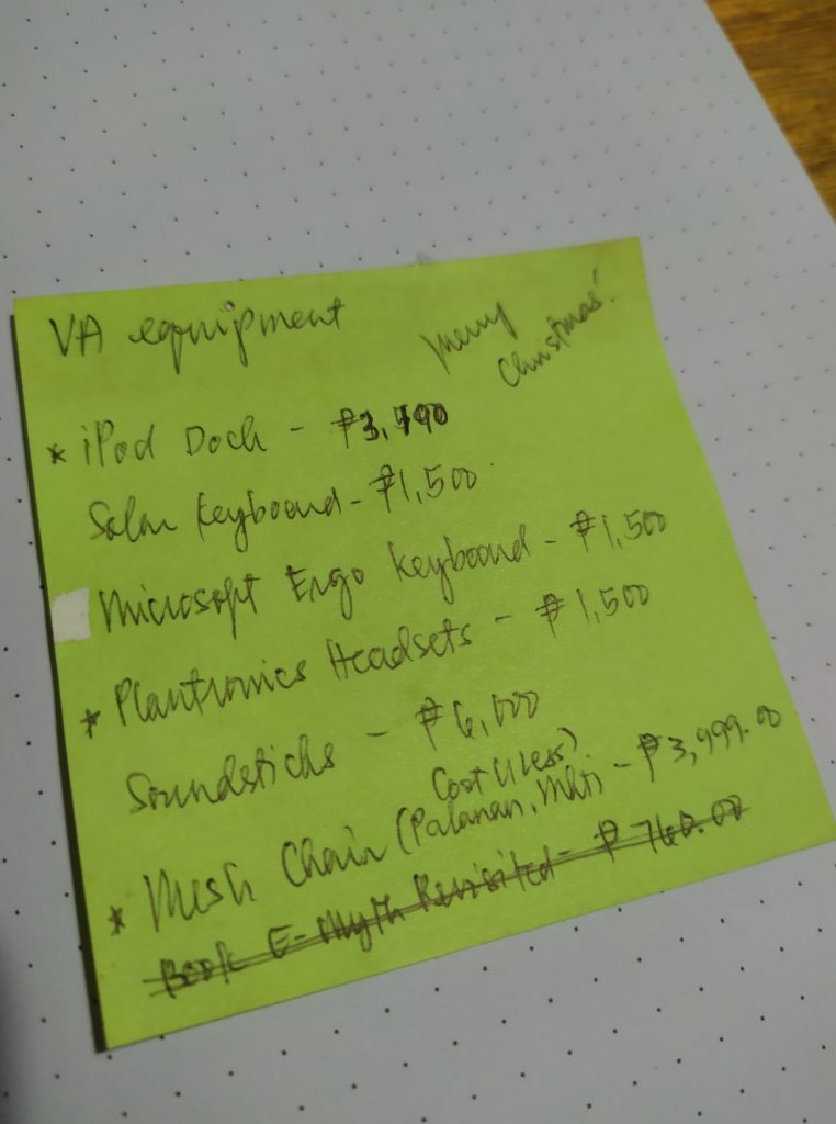 Image of a Post-It Note with a list of virtual assistant equipment.